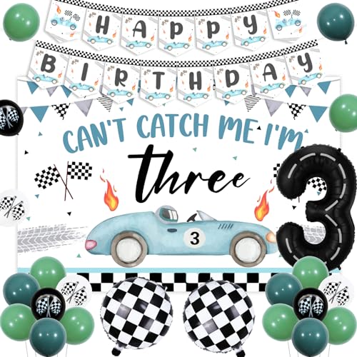 Vintage Race Car 3rd Birthday Decorations for Boys, Can't Catch Me I'm Three Backdrop, Race Car Birthday Banner, Racing Flag Print Balloons for Race Car Themed 3 Year Old Birthday Party Decorations von Funmemoir