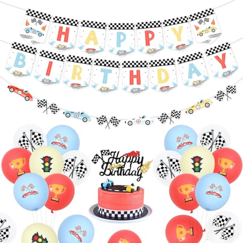 Vintage Rennauto Geburtstag Party Dekorationen, Retro Pastell Racing Party Dekorationen für Jungen - Rennauto Happy Birthday Banner, Cake Topper, Let's Go Racing Party Dekor für 1. 2. 3. Geburtstag von Funmemoir