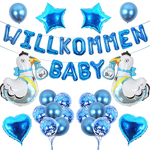 Willkommen Baby Deko Junge, Dekoration Für Baby Boy Willkommen Home - Willkommen Baby Folienballons, Storch Folienballons, Herz Folienballon, Stern Folienballon von Funmemoir