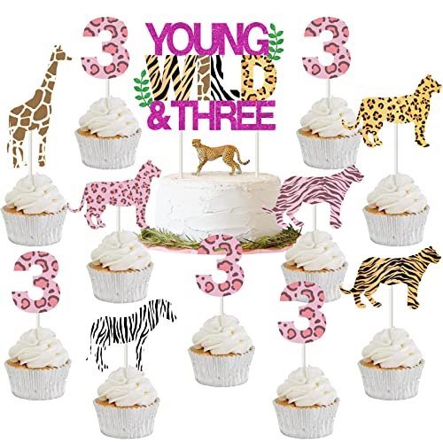 Young Wild and Three Birthday Dekorationen für Mädchen - Young Wild & Three Cake Topper, Animal Print Cupcake Toppers, Jungle Safari Theme Party Dekorationen für den 3. Geburtstag von Funmemoir