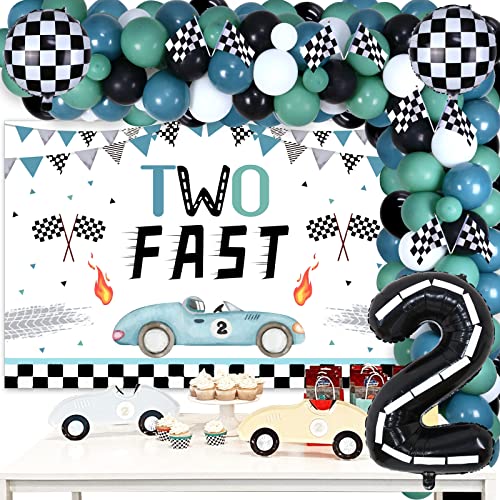Zwei schnelle Geburtstagsdekorationen Junge Vintage - Ballongirlande Kit mit zwei schnellen Hintergrund, karierten Folienballons, Rennwagenflaggen, Retro Let's Go Racing 2. Geburtstag Party Supplies von Funmemoir