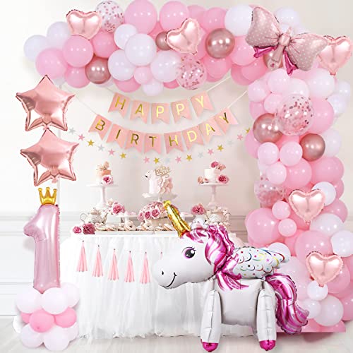 Geburtstag Dekorationen für Mädchen, Rosa Ballon Arch Kit, Happy Birthday Banner Nummer 1 Krone Rose Gold Luftballons von Funmilies