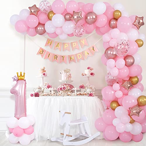 1. Geburtstag Dekorationen für Mädchen, Rosa Ballonbogen Kit, Happy Birthday Banner Zahl 1 Krone Roségold Luftballons für Baby Mädchen Tochter Erster Geburtstag Party Dekoration von Funmilies