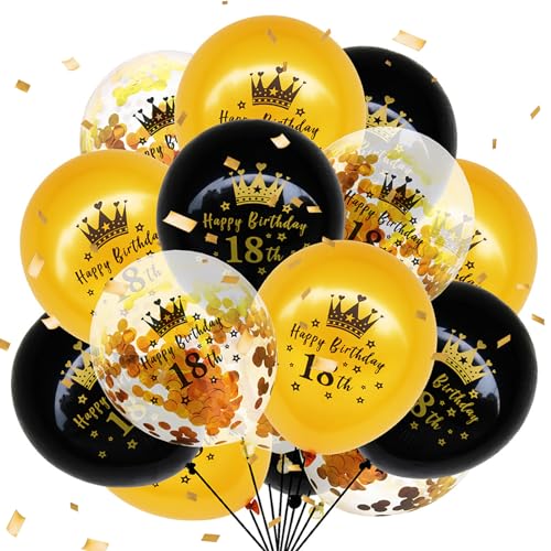 Luftballons zum 18. Geburtstag, Dekoration für Jungen und Mädchen, schwarz-goldene Konfetti-Ballons, Partyzubehör zum 18. Geburtstag, Dekoration, Zubehör (15 Stück, 30,5 cm) von Funmilies