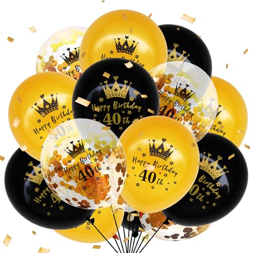 Luftballons zum 40. Geburtstag, Dekoration für Männer und Frauen, schwarz-goldene Konfetti-Ballons, Partyzubehör zum 40. Geburtstag, Dekoration, Zubehör (15 Stück, 30,5 cm) von Funmilies