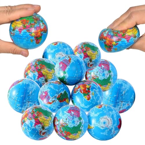 12 Stück Antistressball Erwachsene Kinder, Anti Stress Spielzeug Bälle, 6cm Globusmuster Stressball, Schaum Stressabbau Bälle, Stressabbau für Mitgebsel Gastgeschenke Kindergeburtstag Weihnachten von Funmo