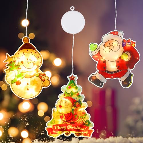 Funmo LED Saugnapf Weihnachtsbeleuchtung - 3 Stücke Batteriebetriebene Fensterlichter für Innen und Außen - Hängende Deko für Weihnachtsfeier und Fenster von Funmo