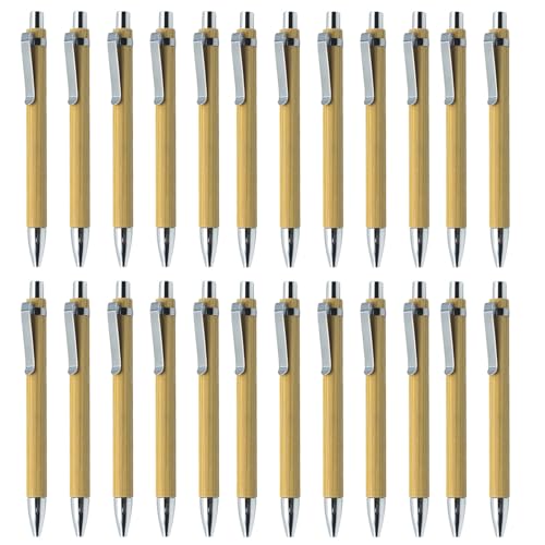 Funmo 24 Stück Bambus Kugelschreiber, Kugelschreiber Set, Kugelschreiber Schwarz,Einziehbaren Bambus-Stift Holzkugelschreiber als Ökologische Geschenke Schreibgerät für Schule (24) von Funmo