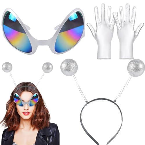 Funmo 3 Stück Alien Stirnband und Brille Handschuhe,Außerirdische Brille Silberne Handschuhe,Geeignet Als Foto-Requisiten Und Atmosphären-Requisiten für Erwachsene und Kinder von Funmo