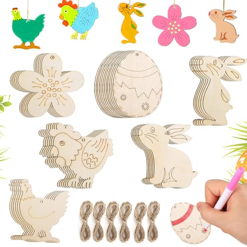 Funmo 36 Stück Ostern Holzanhänger Holzanhänger Ostern zum Bemalen Ostern Anhänger Holz mit Juteseil DIY Ostern Basteln Osterhase Ostereier Küken für Kinder Osterfeierzubehör DIY Dekor DT799 von Funmo