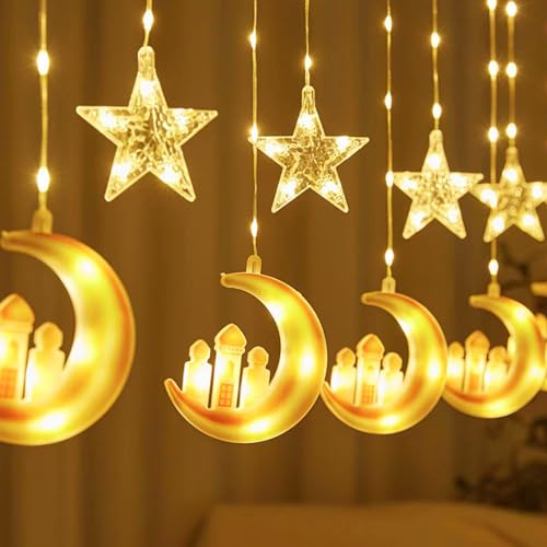 Funmo 3m LED Ramadan Lichterketten, Sterne Mond und Schloss Ramadan Lichtervorhang, Eid Mubarak Deko mit 8 Blinkenden Modi Fernbedienung, USB Lichterkette mit Batterie für Balkon Hochzeit Garten von Funmo