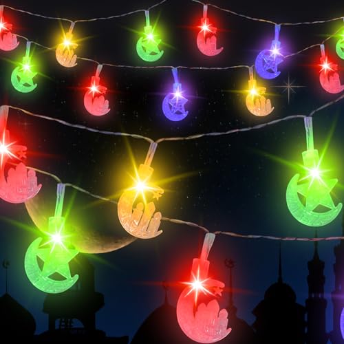 Funmo Ramadan Deko Lichterkette, 3M 20 Muslim Eid LED String, Sterne Mond und Schloss Ramadan Deko Licht, Batteriebetrieben für Ramadan Heim Dekoration Party Zuhause Garten (Farbige Lichter) von Funmo