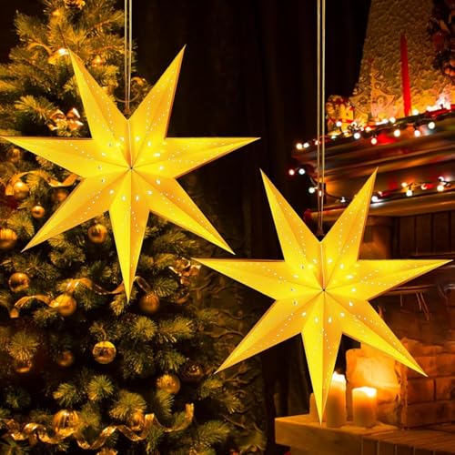 Funmo Weihnachten Papierstern Lampenschirm, Papier Stern Dekoration, Faltsterne Weiß Papierstern Beleuchtet, Deckenlampenschirm, Hängeornament für Weihnachten, Party, Heimdekoration (Small) von Funmo