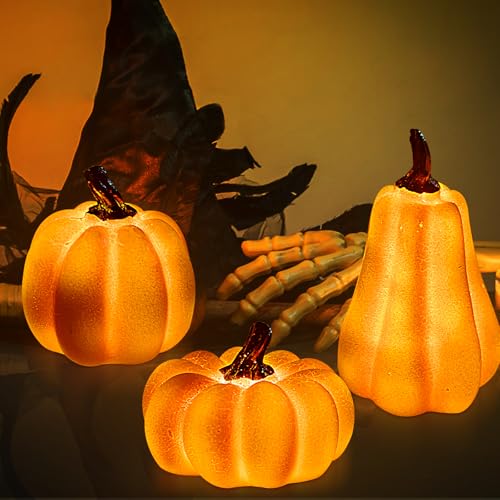 Funmo Herbstdeko Kürbis Laterne, Herbstdeko Kürbis Laterne,Klein Halloween Harz Kürbislaterne Dekofiguren mit Licht von Funmo
