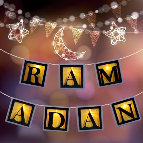 LED Lichterkette Ramadan, Ramadan Deko LED, Hölzerne Hohlbuchstaben Dekoration, Ramadan Licht Deko, LED Nachtlicht für Eid Heimdekoration, für Ramadan Handwerk Dekoration von Funmo