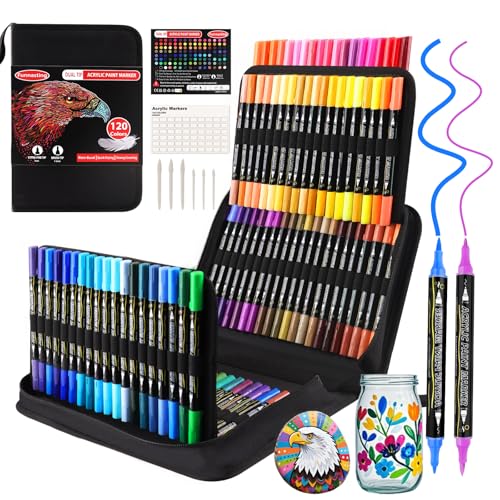 Funnasting Acrylstifte, 120 Farben Doppelspitze Acrylic Marker, Acryl Stifte Set enthält 12 Metallic-Farben für Felsmalerei, Holz, Leinwand, Stein, Keramikoberflächen von Funnasting