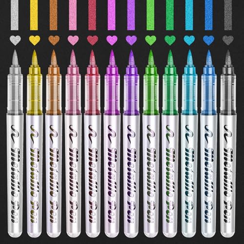 Funnasting Metallic Stifte, 12 Farben Metallischen Marker, Wasserfest Metallic Marker Stifte für Fotoalbum, Gästebuch Hochzeit, Scrapbook Zubehör, Stein, Keramik, Glas, Holz von Funnasting