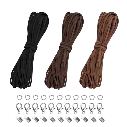 Funngy Lederband für Ketten,3 PCS 10M Lederband Lederkette Herren & Damen Lederschnur für DIY Armband Halskette & Basteln Hochwertiges Lederband mit 100 PCS Verschluss für Schmuckherstellung von Funngy