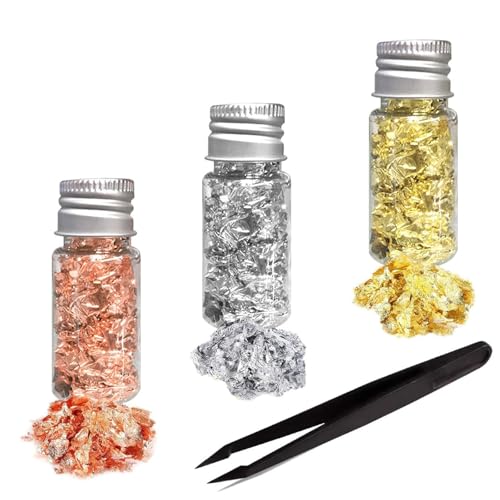 Gold Folien Flocken,3 Flaschen Goldfolie Papier Gold Silber Rose Metallfolie Flocken Imitation Gold Flocken mit Pinzette für DIY Bastelarbeiten Möbeldekoration und Nail Art Gold Folien Flocken,3 Flaschen Goldfolie Papier Gold Silber Rose Metallfolie Flocken Imitation Gold Flocken mit Pinzette für DIY Bastelarbeiten Möbeldekoration und Nail Art von Funngy