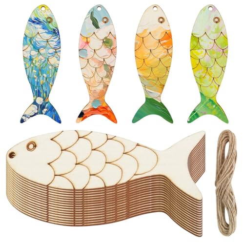 Holzausschnitte in Fischform,30 PCS Unfertige Fischform-Holzausschnitte zum Bemalen Kleine Holzfische Deko mit Hanfseil für Kinder DIY Basteln Ozean-Tier-Themen aus unbehandeltem Holz von Funngy