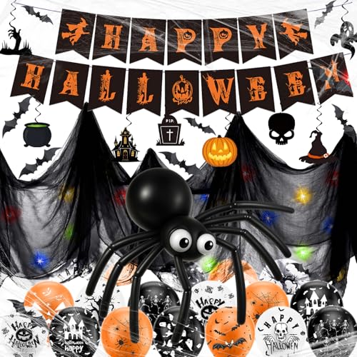 Funnity Halloween Deko Set, Halloween Banner, 5 Meter lange bunte LED-Lichterkette, 1.5 x 2 m Schwarze Gaze,Spiralen Deckendeko, Fledermaus Deko, Gruselige Luftballons, Gruselig Party Funnity Halloween Deko Set, Halloween Banner, 5 Meter lange bunte LED-Lichterkette, 1.5 x 2 m Schwarze Gaze,Spiralen Deckendeko, Fledermaus Deko, Gruselige Luftballons, Gruselig Party von Funnity
