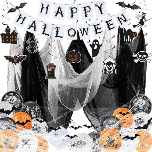 Funnity Halloween Deko Set umfasst Halloween Girlande、Halloween Luftballons、Halloween Deko Spinnennetz、Fledermaus Deko, Luftschlangen Kann für Halloween Deko Innen und Halloween Deko Outdoor von Funnity