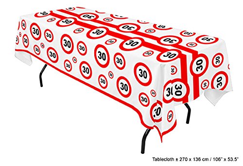 Tischdecke 30. Geburtstag Verkehrsschild ca. 270 x 136 cm Weiss/rot von Funny Fashion