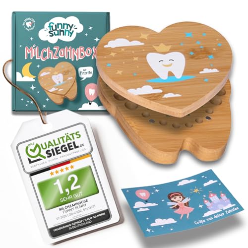 [Test SEHR GUT, Note 1.2*] Zahndose aus Bambus für Milchzähne, Milchzahndose für Kinder, Zahnfee Geschenke, Taufgeschenke für Mädchen Jungen, Geschenk Zahnbox für Junge, Erinnerungsbox Baby von Funny Sunny