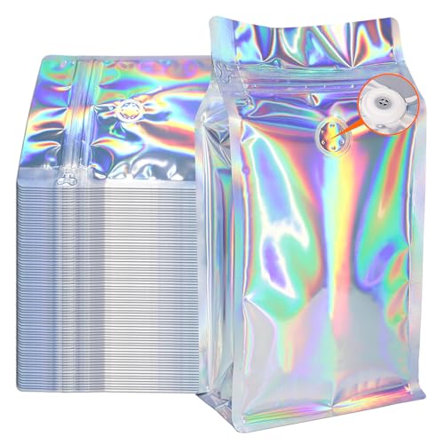Kaffeebeutel mit Ventil (50 Stück, 227 g/0,2 kg), holografische hohe Barriere, Aluminiumfolie, flacher Boden, stehende Kaffeebohnen-Aufbewahrungsbeutel, wiederverwendbare von Funnyleaf