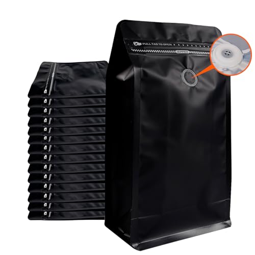 Kaffeebeutel mit Ventil (50 Stück, 907 g/0,9 kg), schwarze Aluminiumfolie, flacher Boden, stehende Kaffeebohnen-Aufbewahrungsbeutel, wiederverwendbare Heißsiegel-Seiten-Reißverschlussbeutel für kleine von Funnyleaf