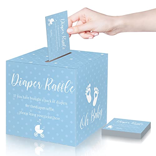 50 Stück Windel-Tombola-Tickets mit Box für Babyparty, Spieleinladungen, Windeln, Tombola-Karte für Geschlechtsoffenbarung, Tischdekoration, bringen Sie eine Packung Windel zum Gewinnen (blau) von Funrous