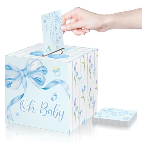 Funrous 50 Windel-Tickets mit Box für Babypartys, Spieleinladungen, Windeln, Tombola-Karte für Geschlechtsoffenbarung, Babyparty, Party-Dekoration, Tischdekoration (Blau, Schleife) von Funrous