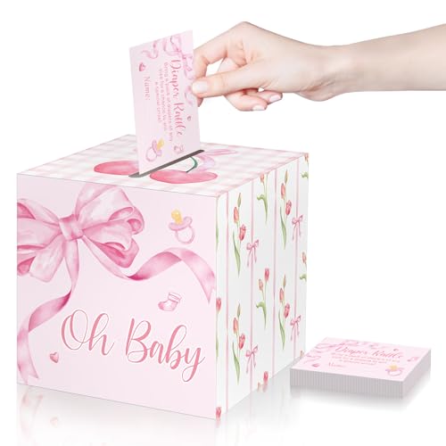 Funrous 50 Windel-Tickets mit Box für Babypartys, Spieleinladungen, Windeln, Tombola-Karte für Geschlechtsoffenbarung, Babyparty, Party-Dekoration, Tischdekoration (Rosa, Schleife) von Funrous