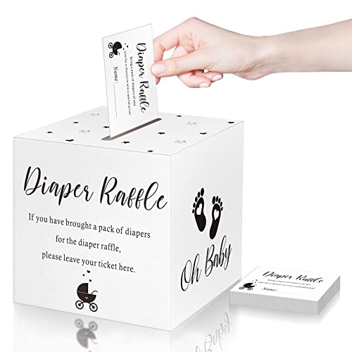 Funrous 50 Windel-Tickets mit Box für Babypartys, Spieleinladungen, Windeln, Tombola-Karte für Geschlechtsoffenbarung, Babyparty, Party-Dekoration, Tischdekoration (weiß) von Funrous