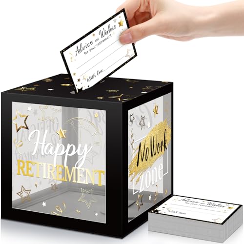 Funrous 51 Stück Ruhestandskartenbox "Happy Retirement", Partygeschenke, Grußkarten und Ratschläge für Ruhestand, Party-Dekorationen, Kartenbox, Partydekorationen, Zubehör (schwarz und grau) von Funrous