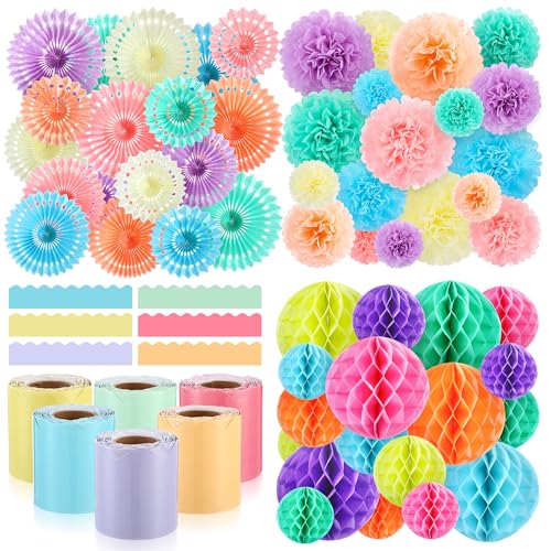 Funrous Pinnwand-Bordüren, Dekorationen, 100 cm, Klassenzimmer, Pinnwand-Bordüre mit 3D-Papierfächern, Seidenpapier-Pompons, Wabenbälle für Schulanfang, Klassenzimmer, Schuldekoration, Pastellfarben von Funrous