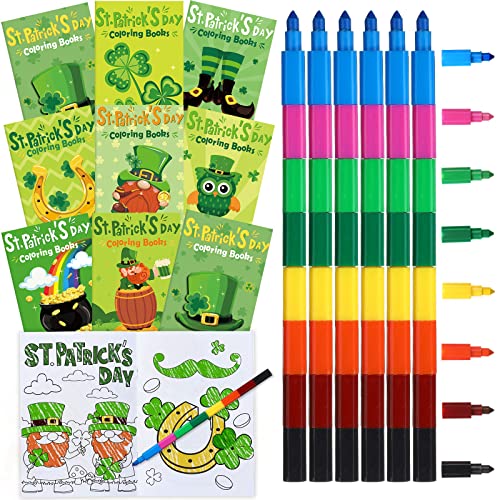 Malbücher zum St. Patrick's Day für Kinder, Großpackung mit 24 stapelbaren Buntstiften, Saint Patrick Day, Kinder-Partygeschenk-Set, grünes Kleeblatt, Glücksklee, Aktivitätsbücher für irische von Funrous