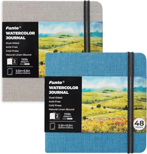 Funto Aquarell-Tagebuch, quadratisches Format, zweiseitiges Kalttrommelpapier, 5,5" x 5,5", tragbares 2-Paket, jeweils 48 Seiten, Elastikband, 110 lb/230gsm, Kunstbedarf für gemischte Medien von Funto