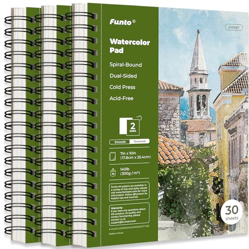 Funto Aquarellblock 10x7 Zoll, 3er-Pack, 90 Blatt, 140 lb/300 g/m², doppelseitiges Kaltpresspapier, Spiralbindung, schweres Papier für Aquarellmalerei Funto Aquarellblock 10x7 Zoll, 3er-Pack, 90 Blatt, 140 lb/300 g/m², doppelseitiges Kaltpresspapier, Spiralbindung, schweres Papier für Aquarellmalerei von Funto