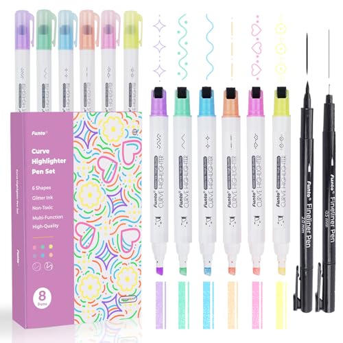 Funto Curve Textmarker-Set für Notizen, 8 Stifte, Doppelspitze mit 6 Kurvenformen, 6 glitzernde Keilspitzen, 2 Fineliner-Stifte, ideal für Scrapbooking, Journaling, Zeichnen, Schreiben von Funto