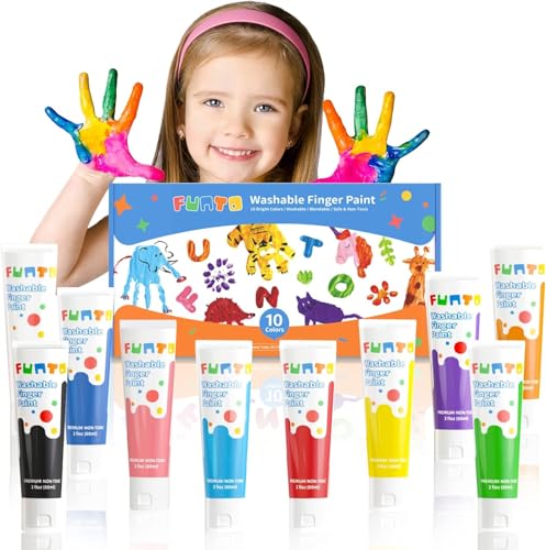 Funto Fingerfarbe für kinder, 10 x 60ml, Art Fingermalfarben, Auswaschbar, Ungiftig, Sicheres Malzubehör für Kinder von Funto