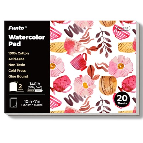 Funto Watercolor Pad, 10’’×7’’, 20 Sheets (140lb/300gsm), 100% Cotton, Cold Press, Glue Bound, Double-Sided, Easy Tear Watercolor Paper for Artists, Beginners, and Professionals von Funto