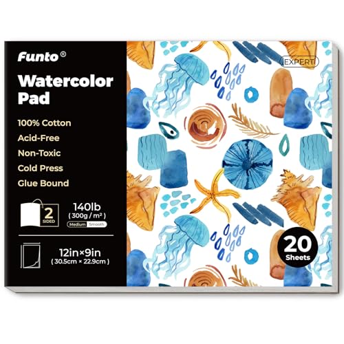 Funto Watercolor Pad, 12’’×9’’, 20 Sheets (140lb/300gsm), 100% Cotton, Cold Press, Glue Bound, Double-Sided, Easy Tear Watercolor Paper for Artists, Beginners, and Professionals von Funto