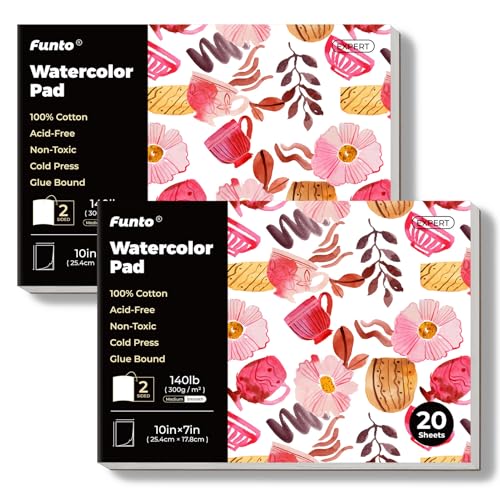Funto Watercolor Pad, 2 Packs; 10’’×7’’, 20 Sheets Each (140lb/300gsm), 100% Cotton, Cold Press, Glue Bound, Double-Sided, Easy Tear Watercolor Paper for Artists, Beginners, and Professionals von Funto