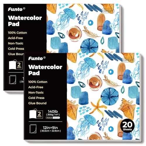 Funto Watercolor Pad, 2Packs, 12’’×9’’, 20 Sheets Each(140lb/300gsm), 100% Cotton, Cold Press, Glue Bound, Double-Sided, Easy Tear Watercolor Paper for Artists, Beginners, and Professionals von Funto