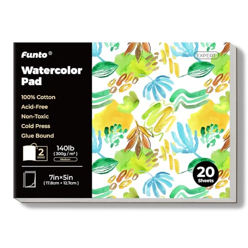 Funto Watercolor Paper Pads, 100% Cotton, 20 Sheets, 7" x 5", 140lb (300gsm), Glue Bound, Double-Sided, Acid-Free, Cold Pressed, Easy Tear Mini Watercolor Paper for Travel Drawing and Mixed Media von Funto