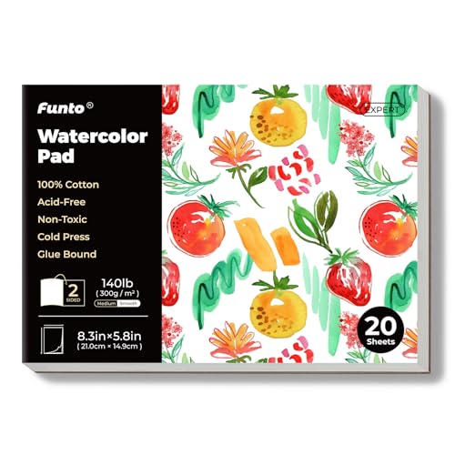 Funto Watercolor Paper Pads, 100% Cotton, 20 Sheets, A5 (8.3" x 5.8"), 140lb (300gsm), Glue Bound, Double-Sided, Acid-Free, Cold Pressed, Easy Tear Watercolor Paper for Travel Drawing and Mixed Media von Funto