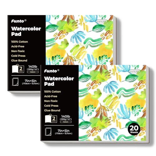 Funto Watercolor Paper Pads, 2 value packages, 100% Cotton Watercolor Paper, 20 Sheets Each, 7" x 5", 140lb (300gsm), Glue Bound, Easy Tear Watercolor Paper for Travel Drawing and Mixed Media von Funto
