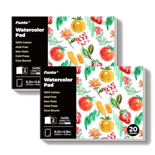Funto Watercolor Paper Pads, 2 value packages, 100% Cotton, 20 Sheets Each, 8.3" x 5.8", 140lb (300gsm), Glue Bound, Easy Tear Watercolor Paper for Travel Drawing and Mixed Media von Funto