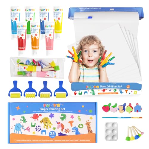 Funto Waschbares Fingerfarbe Set, Ungiftige Fingerfarben für kinder Kunstmalbedarf, einschließlich Fingermalpapierrolle, Fingerfarben, Aufbewahrungstasche, Pinselset von Funto